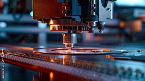 Close-up of a silicon die in semiconductor construction on a pick and place machine. Computer chip manufacturing. Semiconductor industry concept.