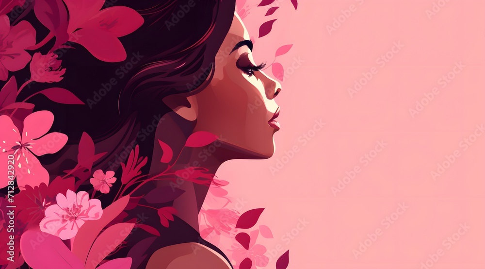 A stylized portrait of a woman in profile, surrounded by vibrant flora
