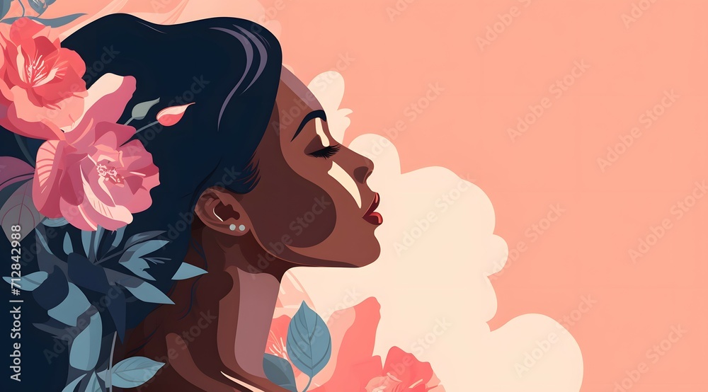 A stylized portrait of a woman in profile, surrounded by vibrant flora A stylized portrait of a woman in profile, surrounded by vibrant flora