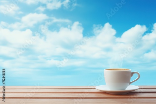 Cup of hot coffee in blue sky with clouds, creative coffee background, cafe background, cafe advertising, cafe menu, breakfast coffee