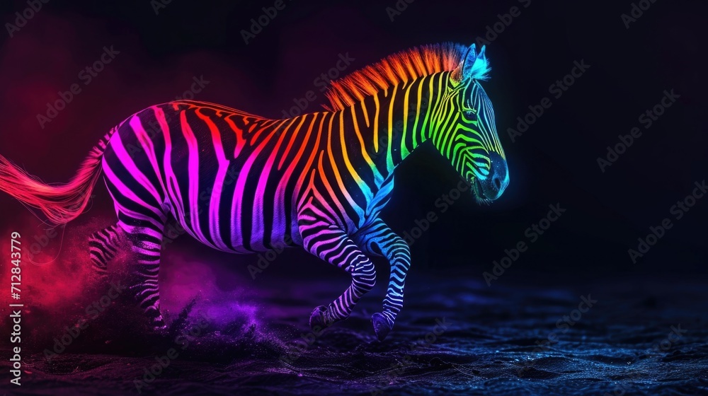 Fototapeta premium A neon rainbow zebra silhouette galloping across a dark plain its striped body lighting up the surrounding darkness