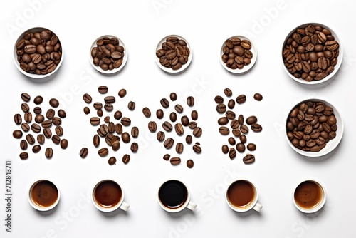 Coffee and different roasted coffee beans on white background, cafe background, coffee beans advertising, cafe menu