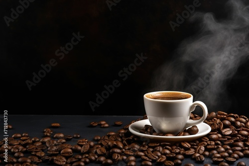 Cup of coffee and coffee beans on black desktop background, cafe background, coffee beans advertising, cafe menu