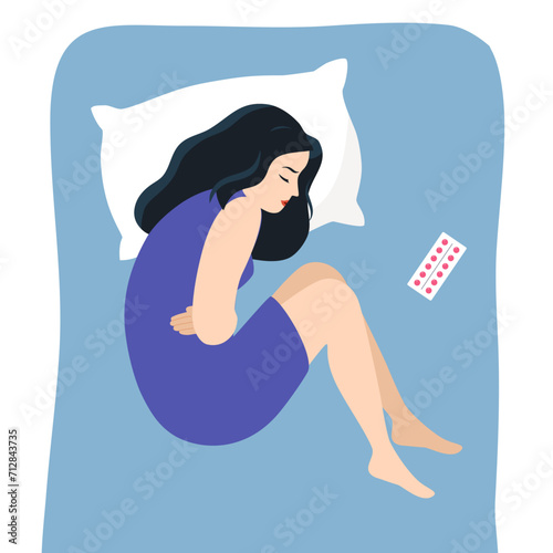 Woman lying on bed feeling pain in stomach concept vector illustration. Period pain or menstrual cramps in flat design.