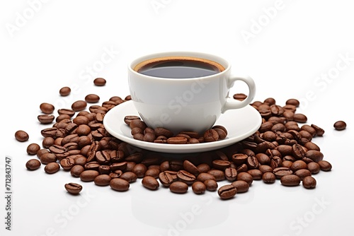 Cup of coffee and coffee beans on white background, cafe background, coffee beans advertising, cafe menu