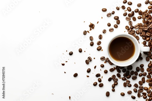 Cup of coffee and coffee beans on white background, cafe background, coffee beans advertising, cafe menu