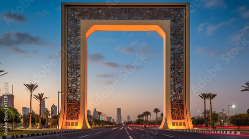 Dubai frame is an architecture landmark located in Zabeel Park, Dubai at sunset photo