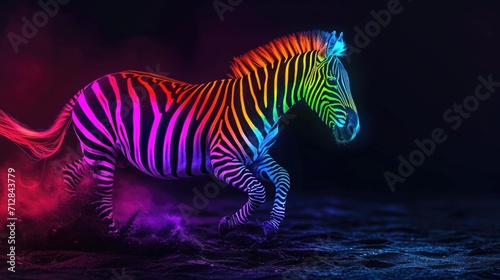 Obraz na płótnie A neon rainbow zebra silhouette galloping across a dark plain its striped body l
