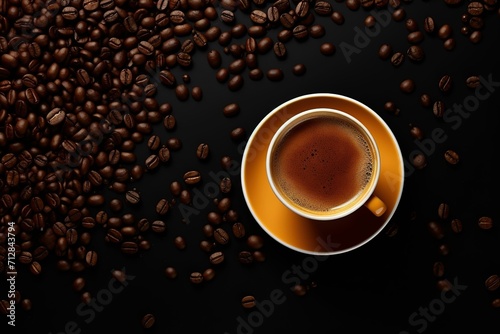 Top view of coffee beans and coffee  cafe background  coffee beans advertising  cafe menu
