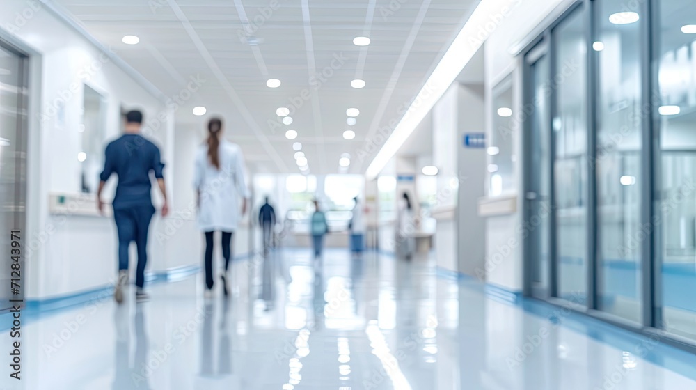 Blurred modern hospital people in white glass modern hospital background.