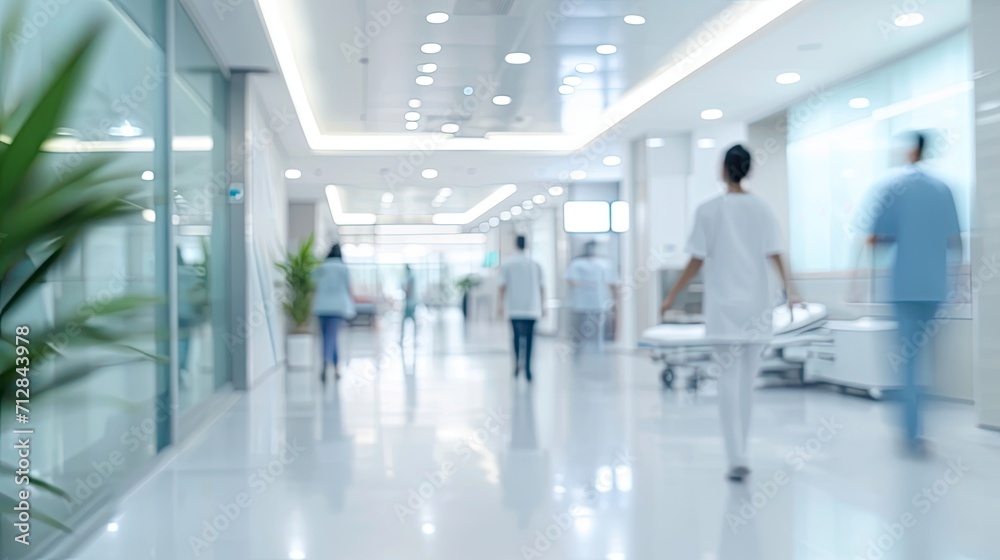 Blurred modern hospital people in white glass modern hospital background.