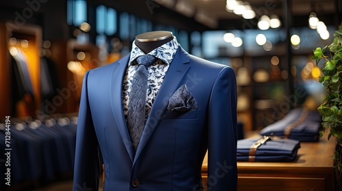 Classic blue Suit in a Clothing Store. Luxury banner for an expensive men's clothing and office suits store, Generative AI