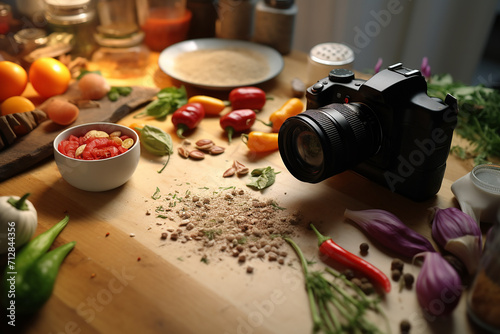 Generative AI Image of Camera with Vegetable Food Ingredients in Kitchen