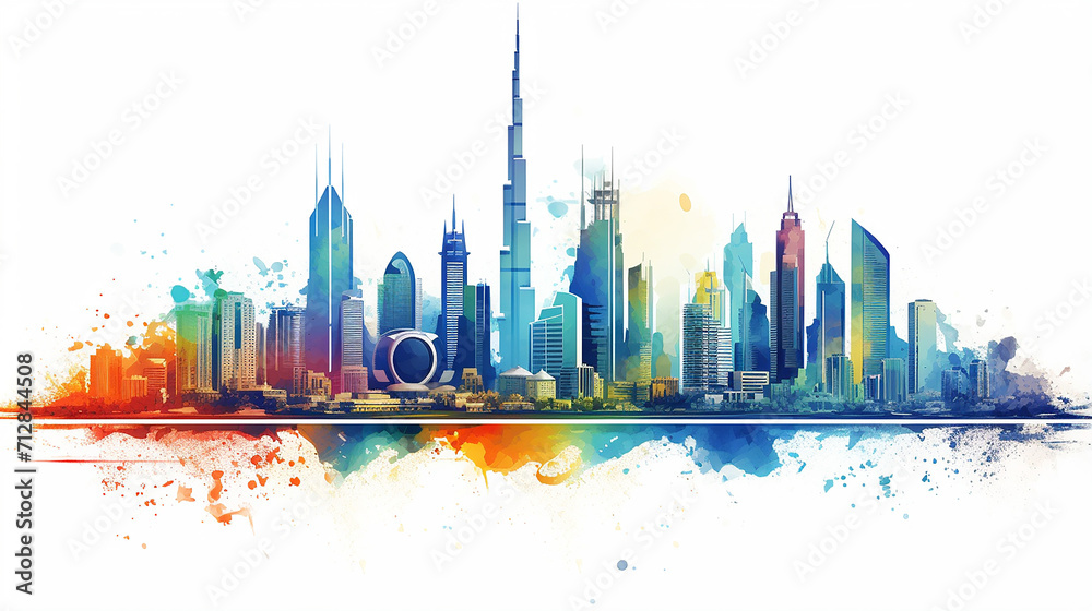 fantastic Dubai skyline United Arab Emirates UAE city illustration on white background