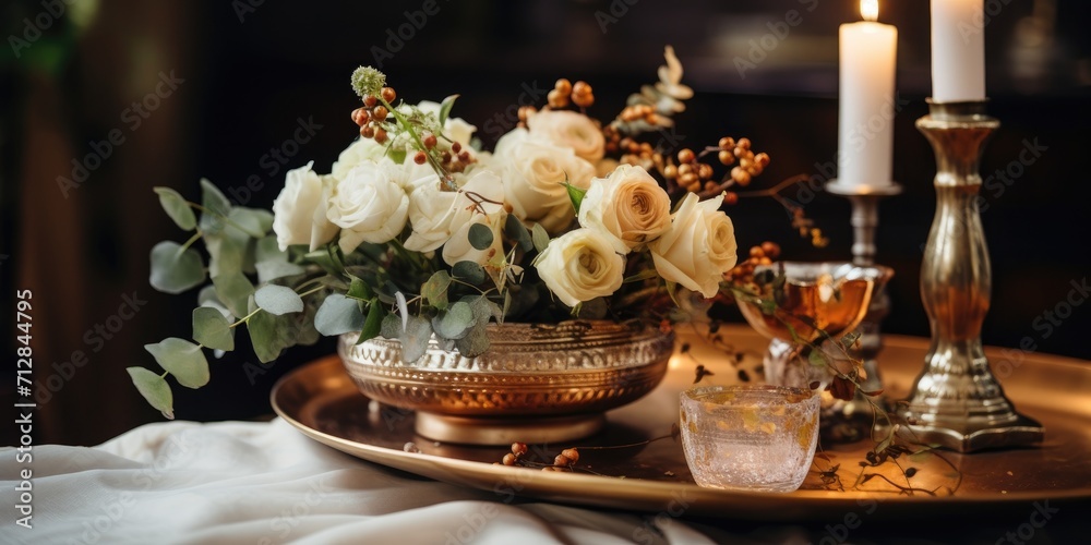 Table adorned with white flower bouquet, vintage copper tray with candles, wedding decor at home.