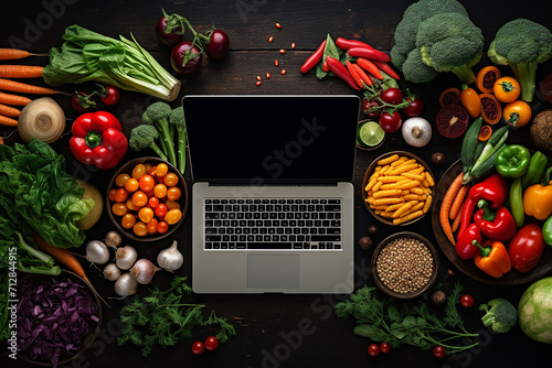 Generative AI Image of Top View of Laptop with Vegetables on Wooden Table