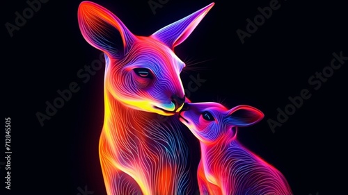 Neon light Kangaroo animal caressing its baby AI Generated pictures