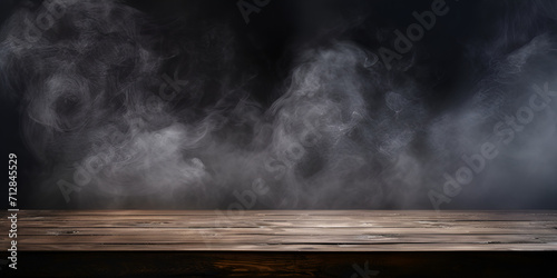empty room with wooden floor, empty table with black smoky background, Desk of free space and smoke decoration on black background, Generative AI