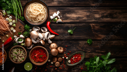 Asian cuisine ingredients with noodles and chicken, food background. on a wooden kitchen table. Top view