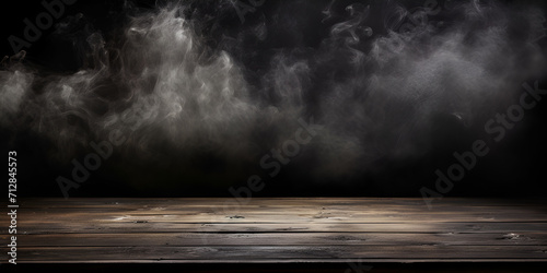 Photographie A wooden stage with a smoke and a spotlight on it, Gym Table, Smoke on a black b