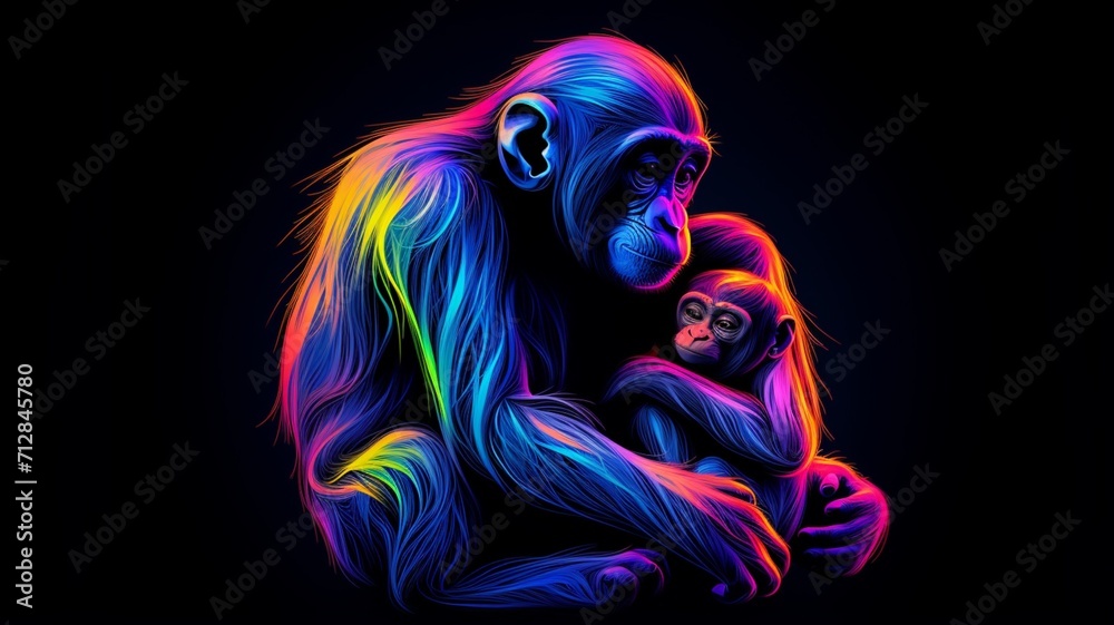 Neon light Monkey animal caressing its baby AI Generated pictures Neon light Monkey animal caressing its baby AI Generated pictures