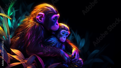 Neon light Monkey animal caressing its baby AI Generated pictures