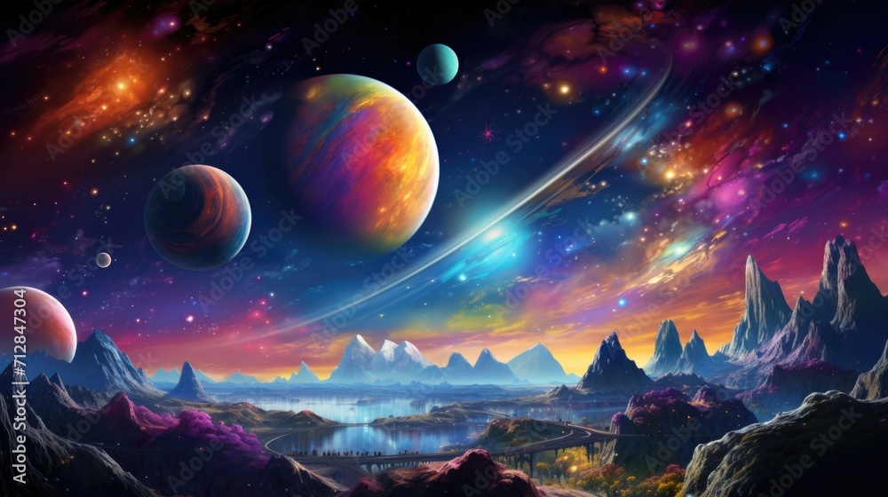 An artistic painting of planets and mountains. Generative AI.