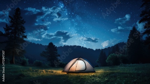 A tent is lit up in the night sky. Generative AI.