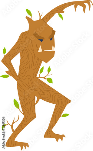 Animated wooden tree monster with green leaves. Fantasy creature design for storybooks. Mythical nature spirit vector illustration.