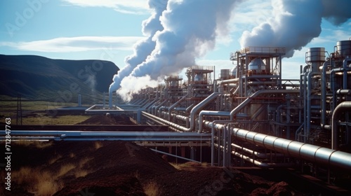 A closeup of a geothermal power plant, utilizing the Earths natural heat to generate electricity. photo