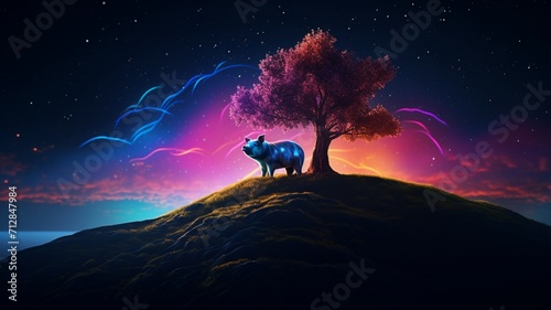 Pig Neon light animal hill next tree AI Generated pictures