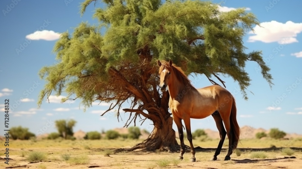 Horse animal standing in the tree AI Generated image Horse animal standing in the tree AI Generated image