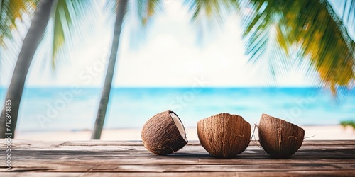 Coconut leaves product display on wooden bar with beach background; clean kitchen wood desk on sea view.