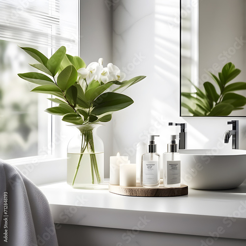 interior of modern bathroom with flowers