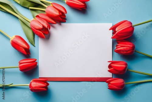 Spring petal top view Happy mothers day. Flowers background. 8 march mom s bouquet. Tulips bunch flatlay Copy space Bright floral gift Flat lay on table. Art colorful love card frame. Above fresh leaf