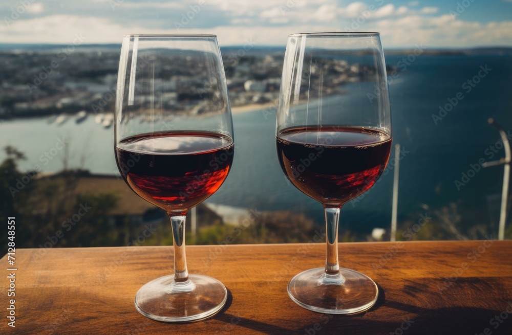 Two wine glasses with red wine on a table with a view of the ocean. Generative AI.