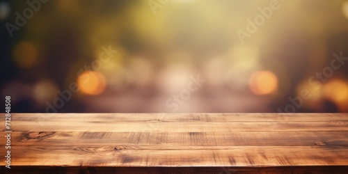 Blurry background  wood board  empty table top.