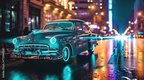 A vintage car with neon wheels spins and twirls creating a mesmerizing light display as it weaves through traffic © Justlight