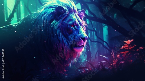 Horse Neon light animal standing in the tree AI Generated pictures