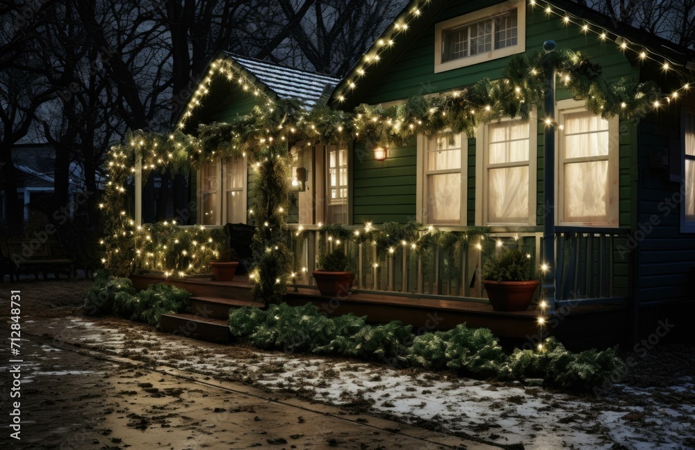 A green house with christmas lights on the front porch. Generative AI.