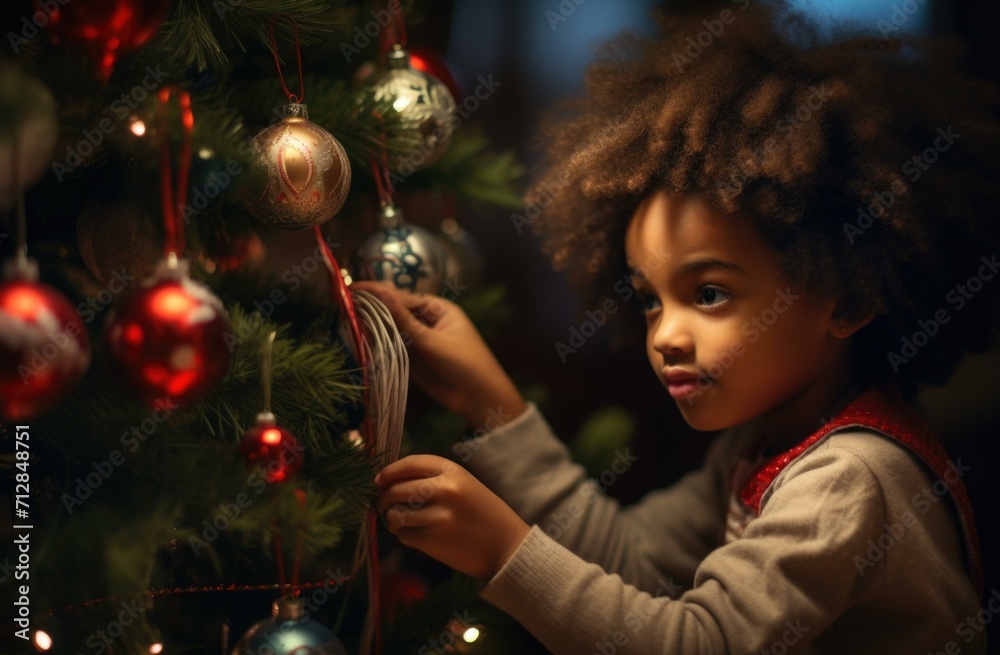 A young child decorating a christmas tree. Generative AI.