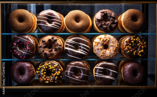 A display case filled with various kinds of donuts. Generative AI.