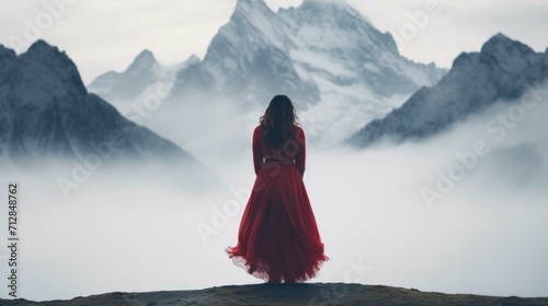 Woman in red dress standing on top of mountain with fog. Generative AI.