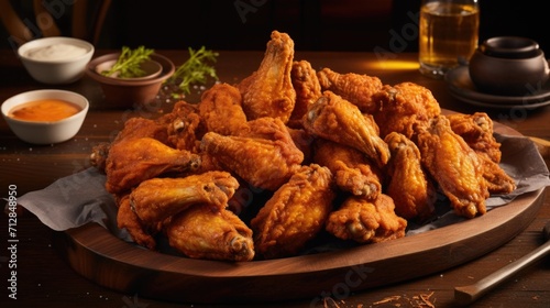 In this shot, a tray of fried chicken wings takes center stage, each one boasting a deep golden hue that hints at the deliciously crispy texture awaiting every indulgent bite.