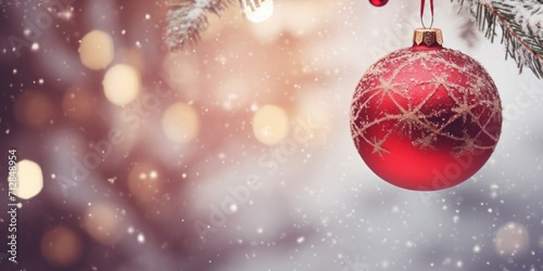 Energetic holiday backdrop with a festive red ball ornament on a snowy tree, softly focused and toned.
