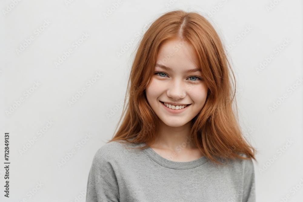 Cheerful ginger woman smiling and looking at the camera, isolated on a white background.