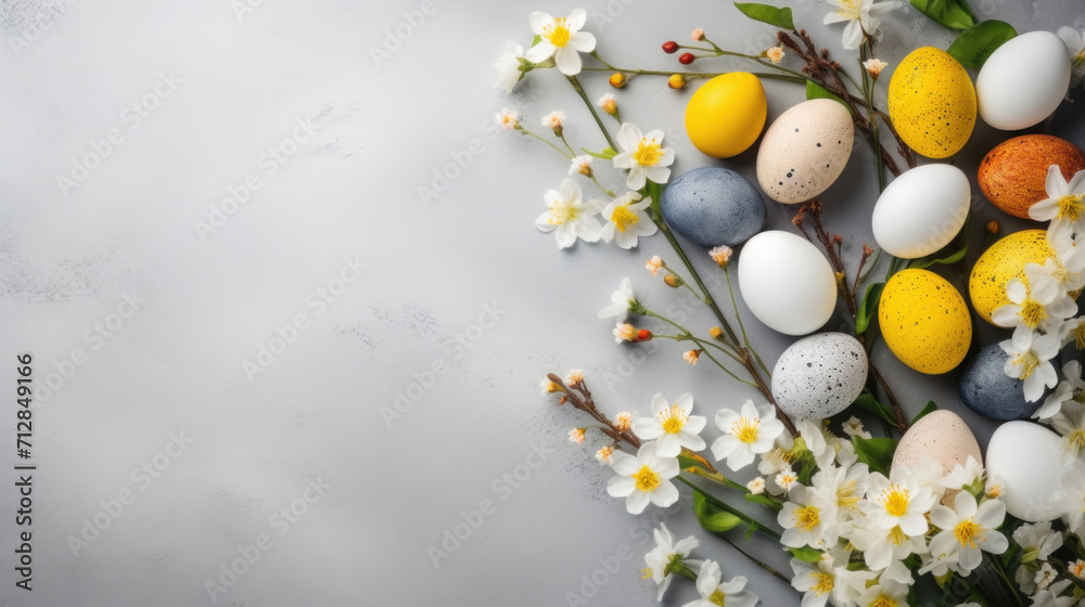Festive Easter arrangement with colorful eggs and white spring flowers on a textured gray surface, symbolizing renewal and joy.