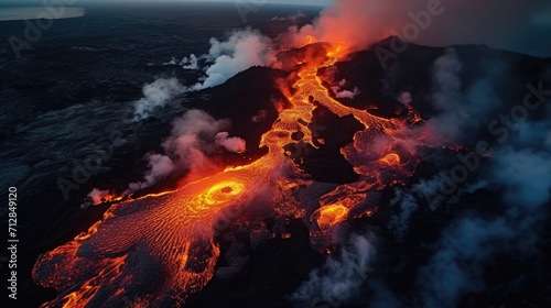 In a stunning display of natures might, the drone captures an upclose and personal view of a volcanic eruption, as molten lava pours forth in a relentless flow.