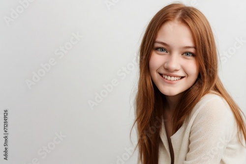 Cheerful ginger woman smiling and looking at the camera, isolated on a white background. © PNG&Background Image