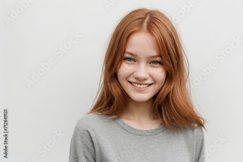 Cheerful ginger woman smiling and looking at the camera, isolated on a white background. © PNG&Background Image